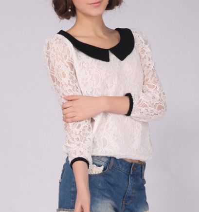 White lace women blouses with black collar - Click Image to Close